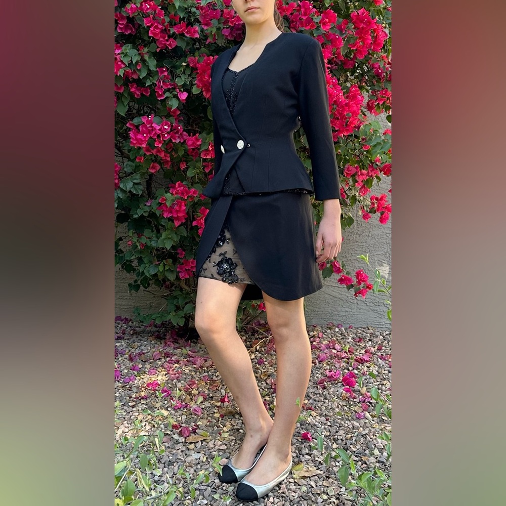 Oleg Cassini Black Tie II  Mini Skirt & Blazer  Suit Lace Insets Crystal Buttons